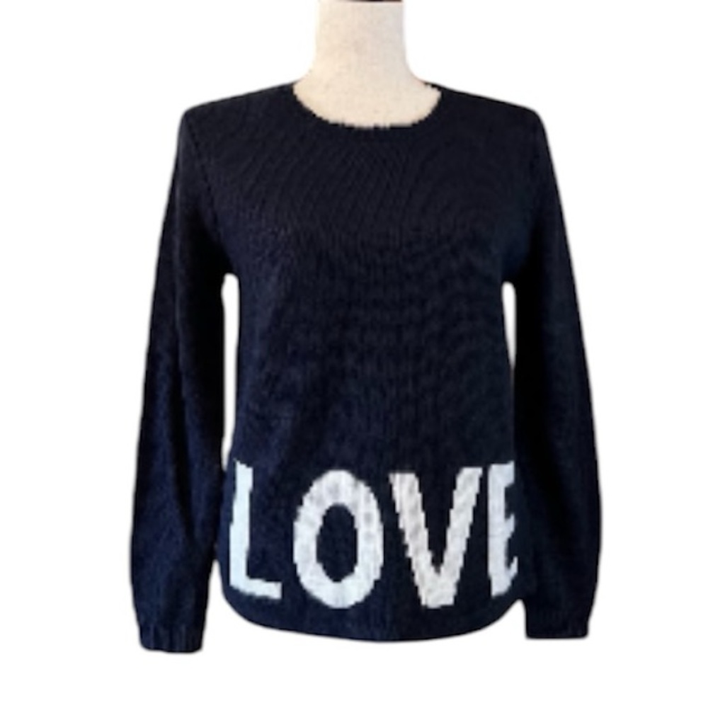 FOREVER 21 Knit LOVE Sweater Dark Navy Blue Long Sleeve Size Medium